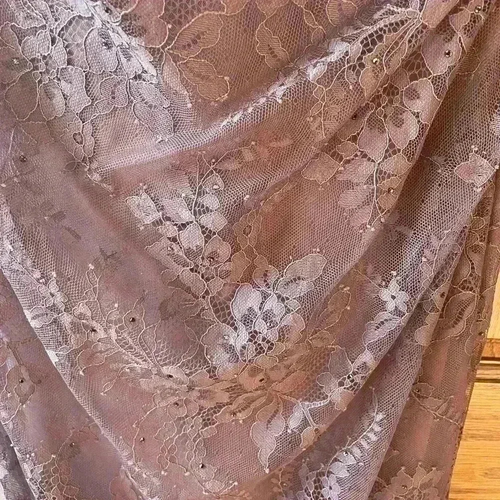 NEW La Femme Lace Overlay rhinestone off shoulder cap sleeve cocoa dress gown 2 - Picture 8 of 12